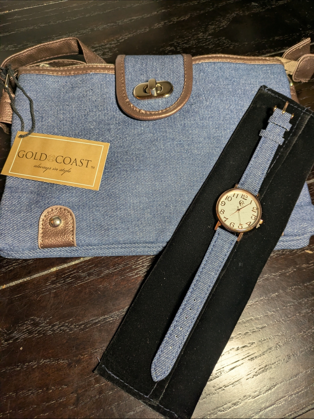 Gold Coast Denim Handbag Bag And Matching Watch - Blue with Brown Trim
